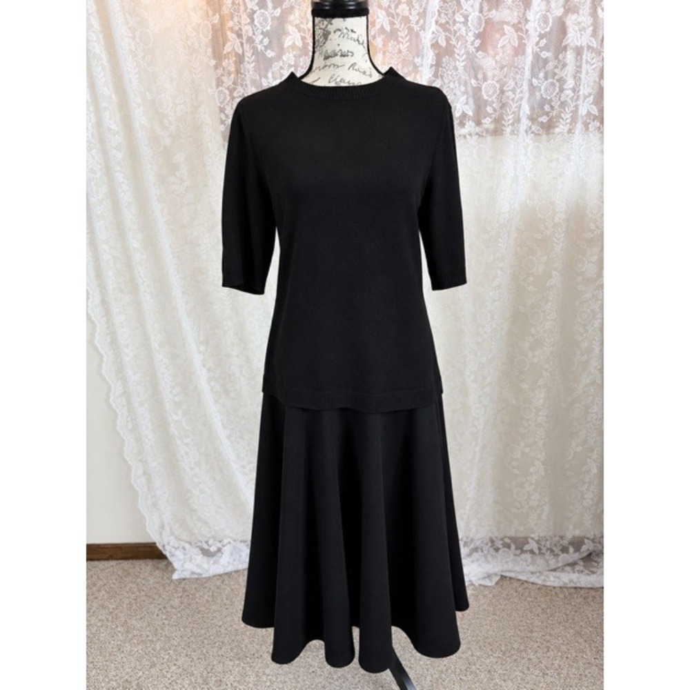 Lafayette 148 New York Black Knit Crew Neck Elbow Sleeve Top Large